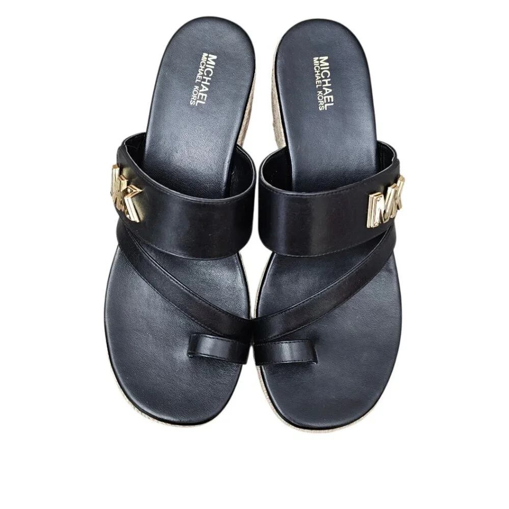 Michael Kors New Women's Jilly Logo Leather Espadrille Wedge Sandals Black 8.5
